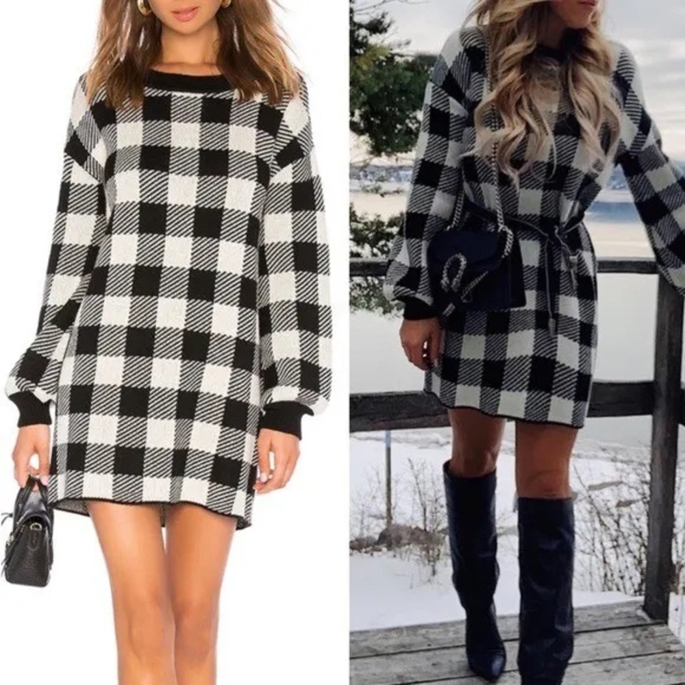 LPA Floyd Sweater Dress in Black & Ivory Check